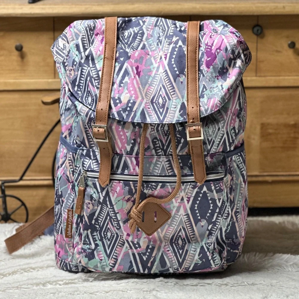 Madison & Dakota Aztec Tribal Print Flap Top Backpack Pink Blue
